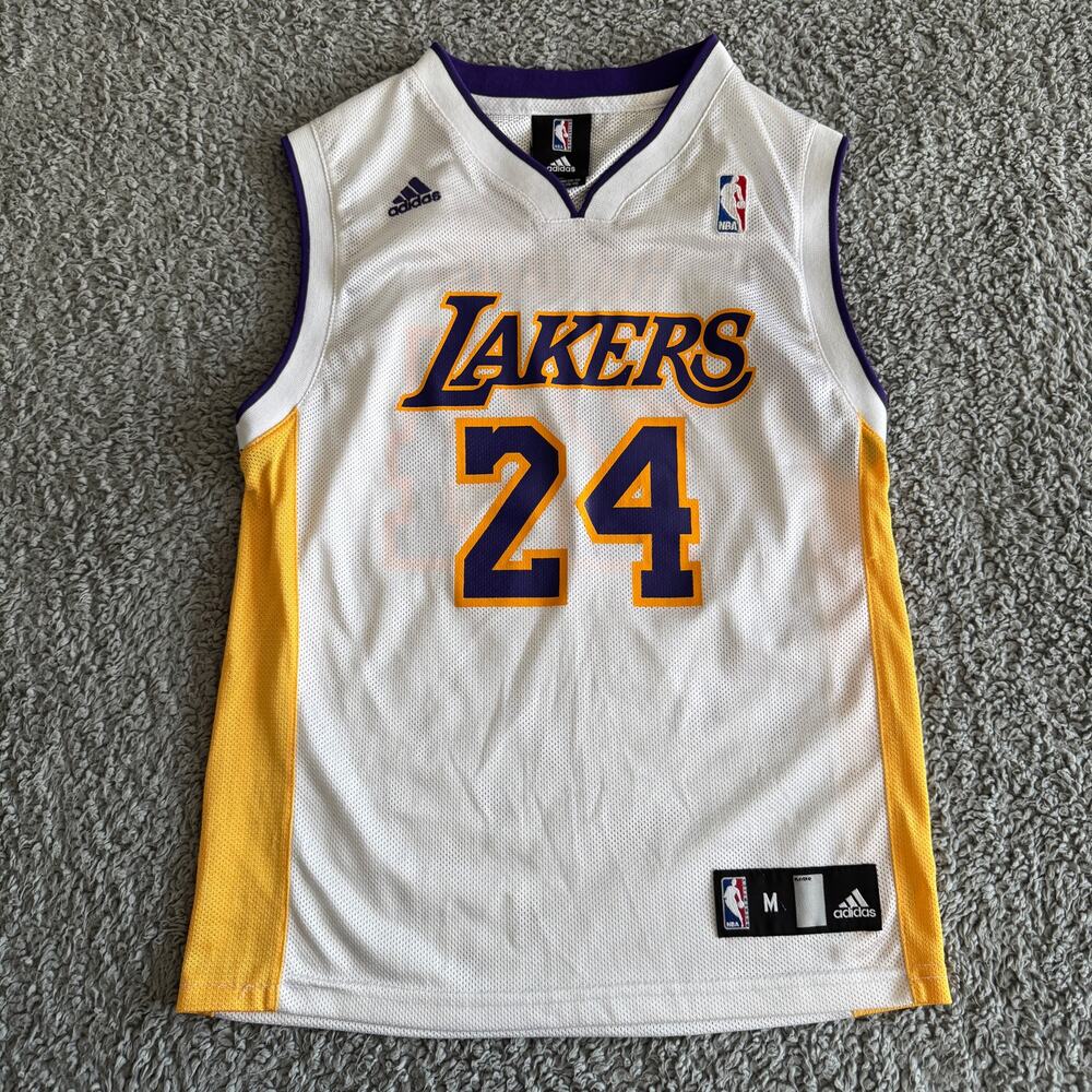 Adidas Kobe Bryant NBA Los Angeles Lakers White #24 Jersey Sz Youth Medium Vtg